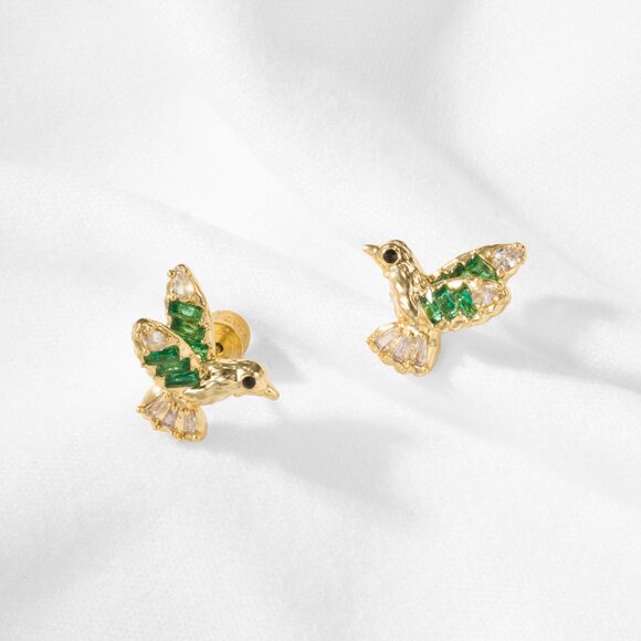 Alicia Bonnie Hummingbird Stud Earrings Gold Green Crystal Bird Jewelry - Picture 4 of 5